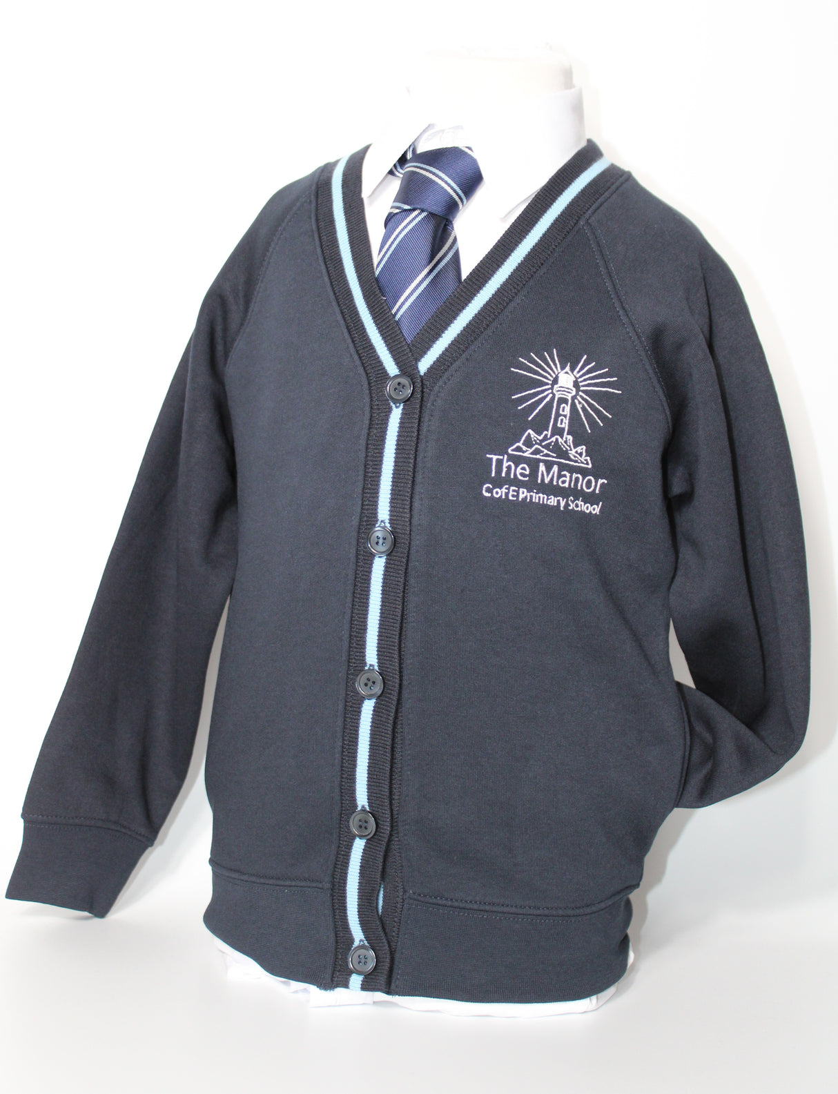 Navy & Sky Cardigan with School Logo
