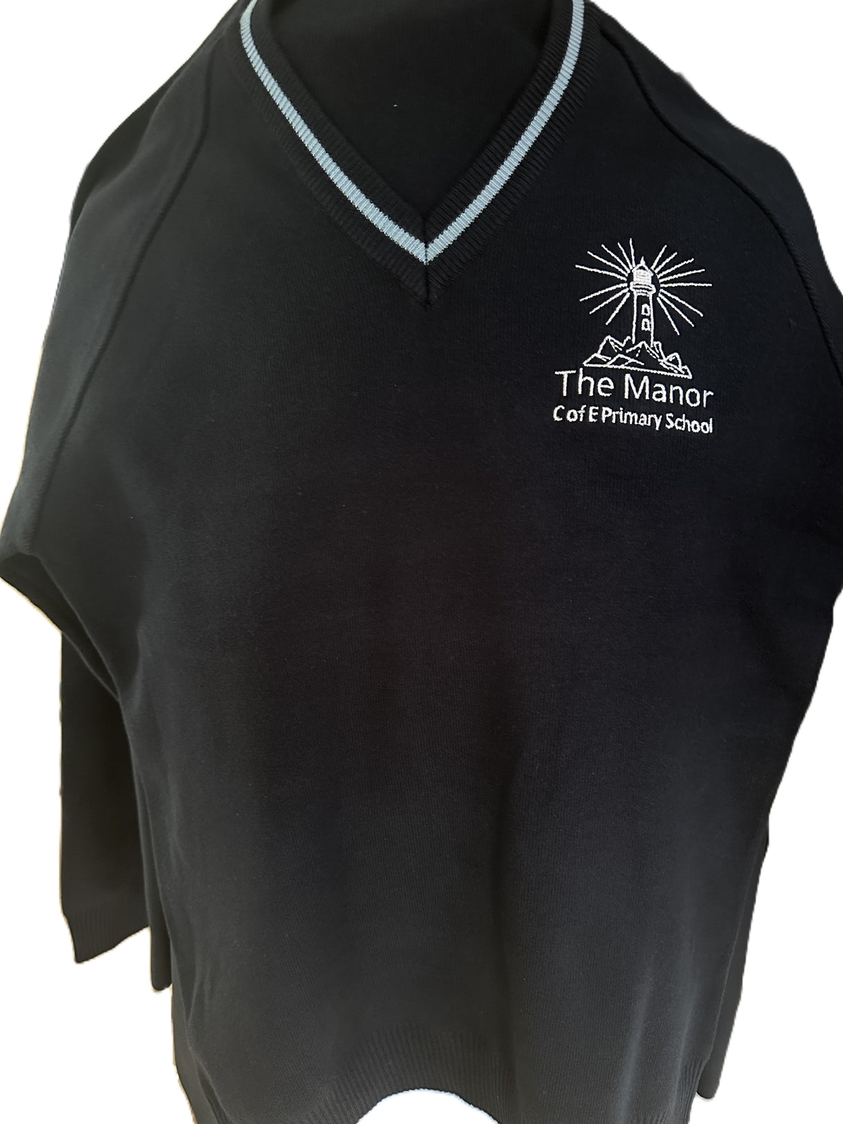The Manor School Navy & Sky V Neck Pullover with Logo