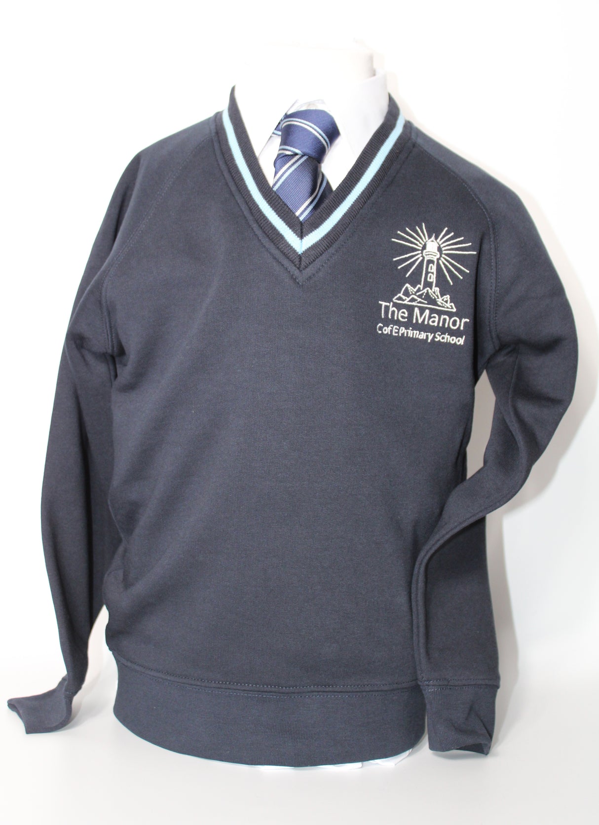 Navy & Sky V Neck Sweatshirt with School Logo