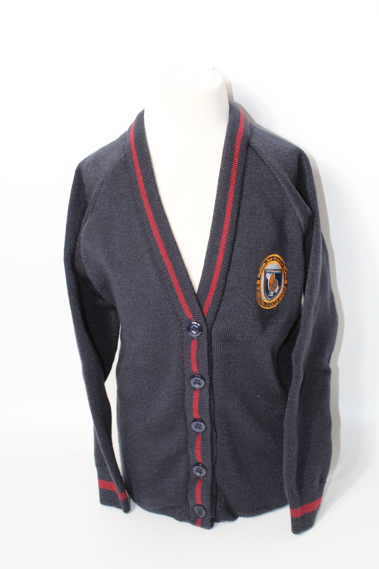 Navy Cardigan with Maroon Trim