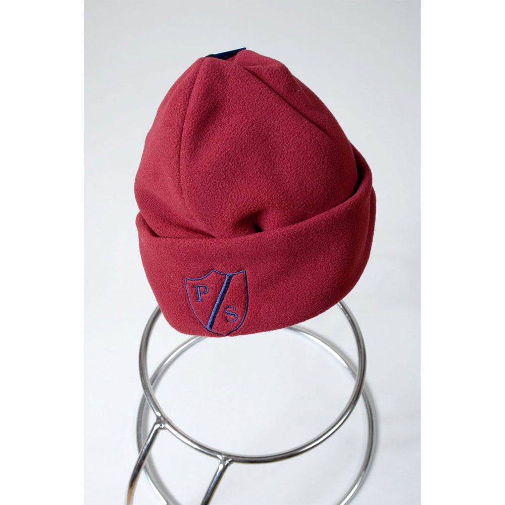 Maroon Fleece Beanie Hat with Logo.  One Size.