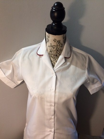 White & Maroon Revere Short Sleeve Blouses.  Twin Pack.